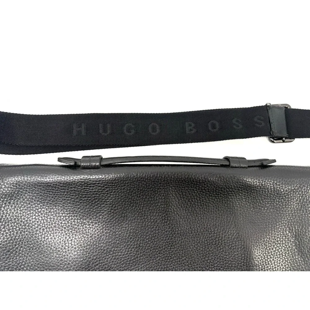 HUGO BOSS Pebbled Leather Laptop Messenger Bag Black Magnetic Gunmetal Hardware